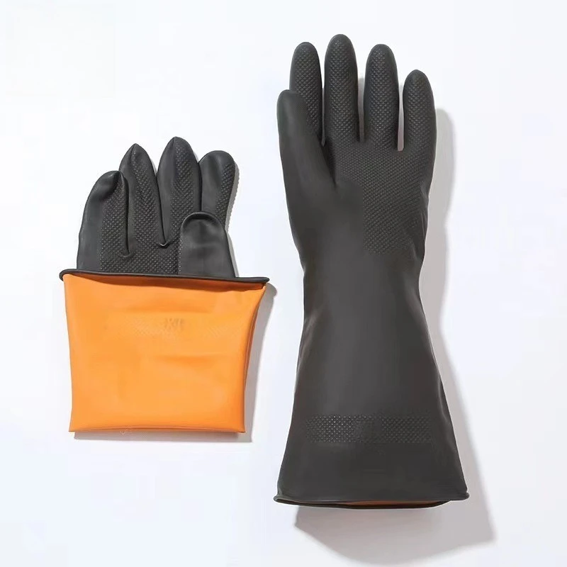 Industrial Rubber Work Gloves Chemical Resistant Water Resistant Abrasion Resistant Black Latex Thickened Extended Cuff