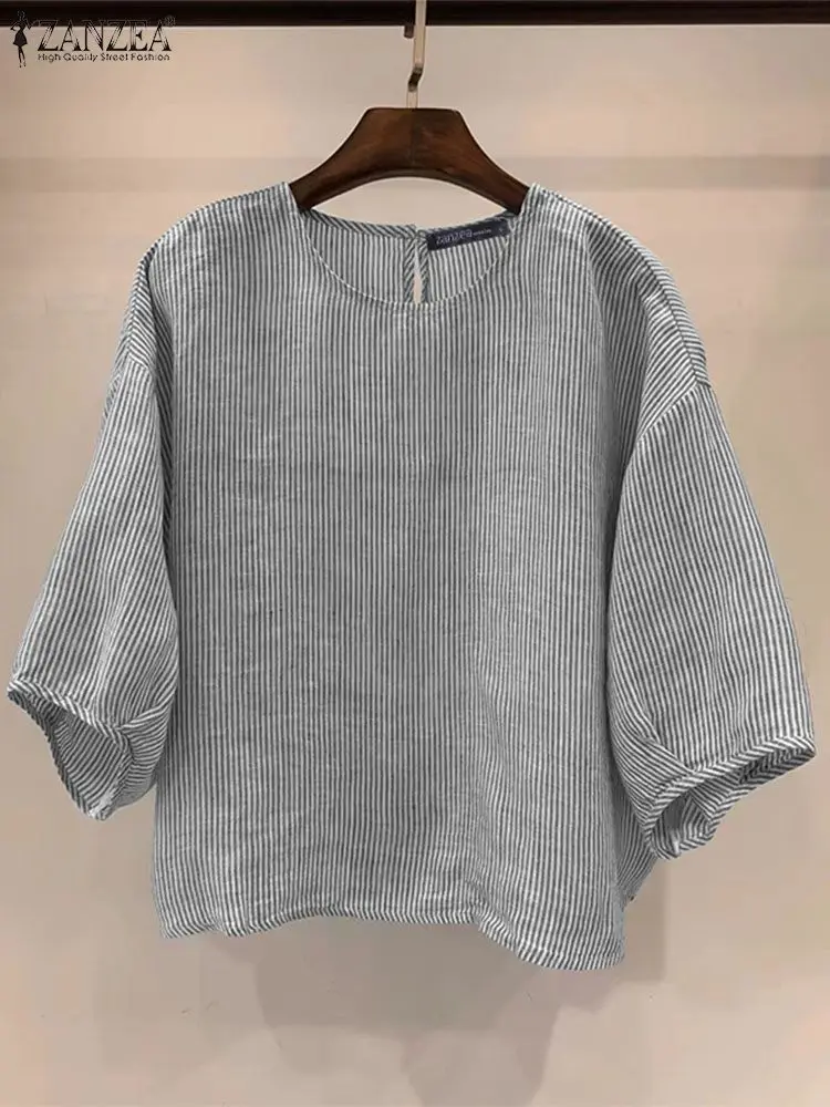 ZANZEA Summer Fashion Shirt Women Striped Blouse O Neck 3/4 Sleeve Holiday Tops Tunic Casual Work Blusas Femininas Chemise 2024