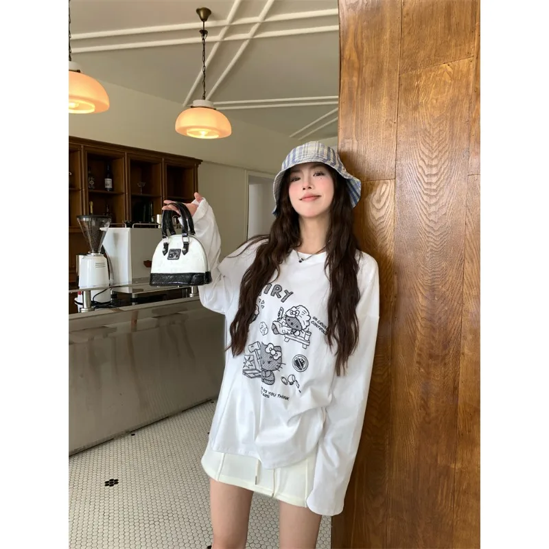 Cute and Sweet Style Kitty Cat 3D Printed Round Neck Long Sleeve T-shirt for Women Autumn Loose Casual Quick Drying Top Trendy