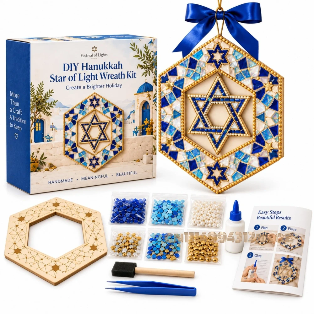 DIY Hanukkah Mosaic Wreath Kit, Jewish Holiday Craft & Decor,Create a sparkling Hanukkah wreath with an easy mosaic kit