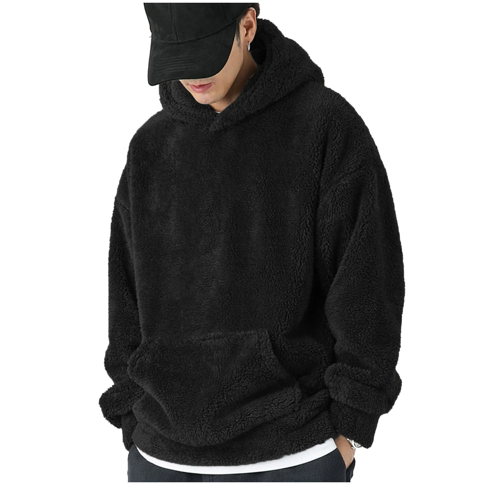 Men'S Round Neck Long Sleeved Coral Fleece Hooded Sweatshirt Winter Warm Thickened Solid Color Long Sleeved Oversized Hoodies