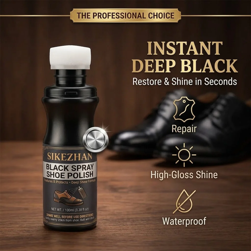 100ml Black Shoe Polish Spray with Sponge Applicator - Professional Leather Care, Quick Shine Wax Liquid Polish for Boots