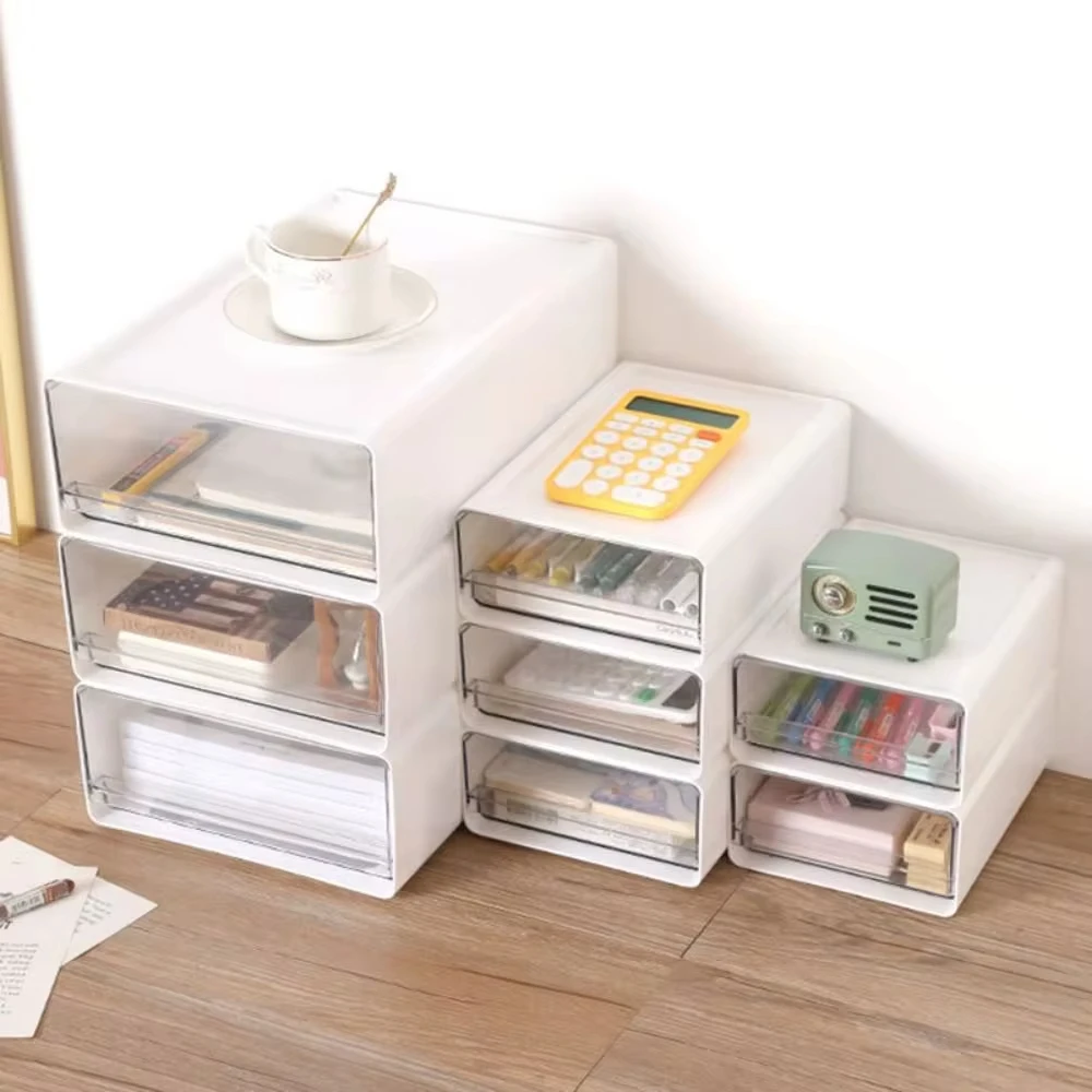 Desktop Storage Boxs Drawers Stationery Cabinet Stackable Desktop Cosmetic Organizer Transparent Office Document Sundries Holder