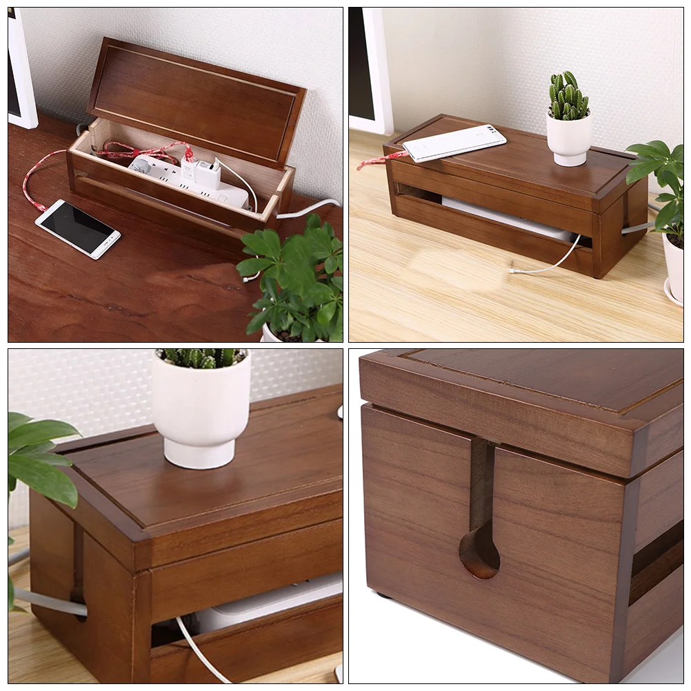 

1pc Solid Wood Cable Storage Box Cord Management Organizer Heat Dissipation Detachable Cover Power Strips Adapters Chargers