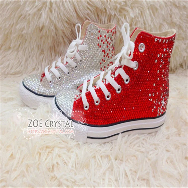 High top lace up red rhinestones creative canvas shoes for women banquet wedding all casual sports big size women\'s shoes 35-44