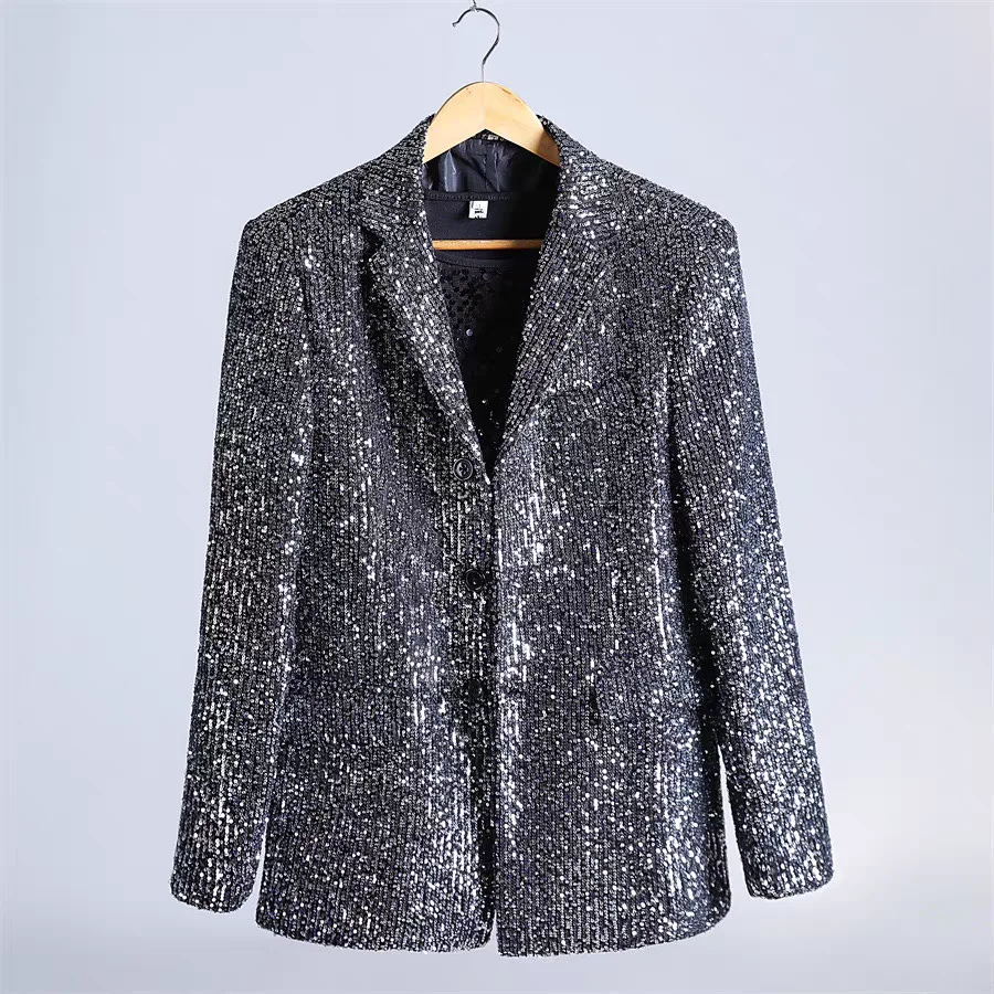 Star style Sequins Grey Casual Suit Catwalk Stage Show Formal Dress Nightclub Male Singer Dancer DJ Performance Costumes