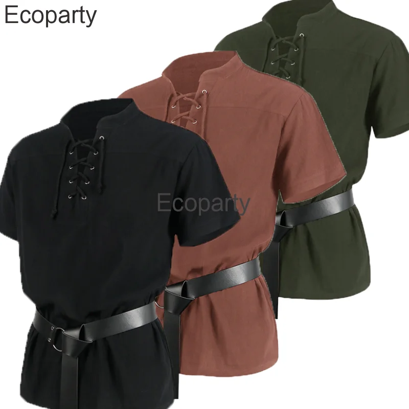 

New Men's Medieval Warrior Cosplay Costume Victorian Renaissance Gothic V-Neck Lace Up T-Shirts Halloween Pirate Costumes