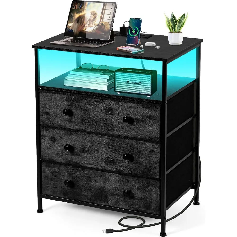 충전 스테이션이 있는 3단 서랍장, 24인치 폭의 LED 나이트 스탠드, 조절 가능한 패브릭 서랍이 있는 나이트스탠드, 수납 공간이 있는 나이트스탠드