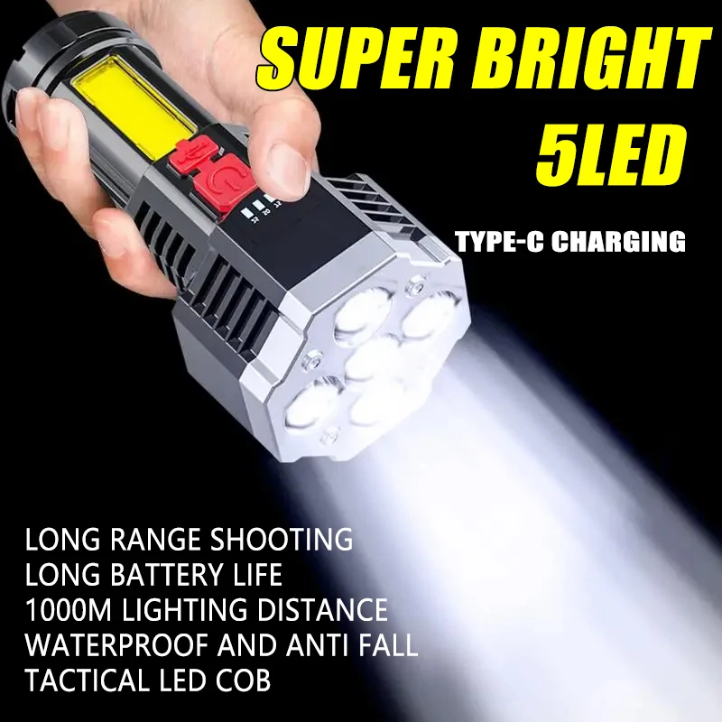 Portable LED Flashlight COB Side Light Super Bright Flashlight Waterproof Rechargeable Outdoor Camping High Power Spotlight