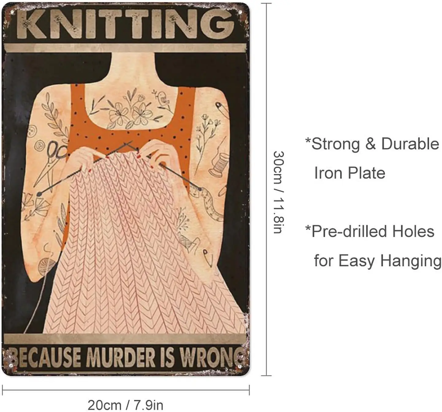 Funny Tin Sign Vintage Knitting Because Murder Is Wrong Poster, Knitting Poster, Knitting Lover Gift Art Print Vintage Aluminum