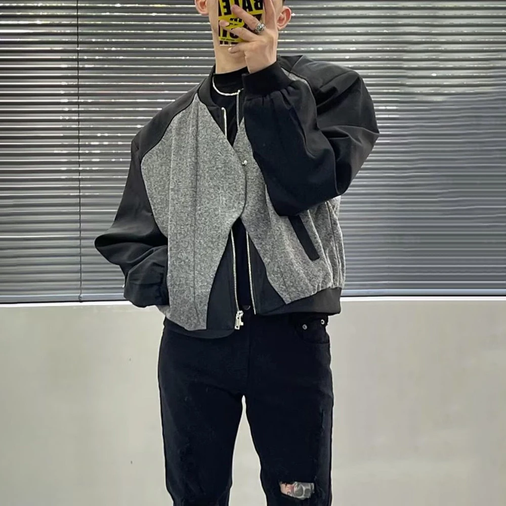 Mens Autumn Jacket Woolen Patchwork Fake Two-Piece Zipper Contrast Color Casual Streetwear Male Top New Fashion Men'S Clothing