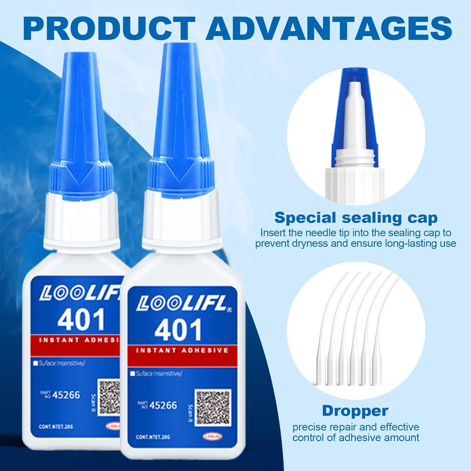 20g/Stück einzeln verpackt 401 Super Glue Leistungsstarker Sofort-Universalklebstoff, Cyanacrylat-Klebstoff für alle Fälle Schnelltrocknende Klebegeräte, Oberflächenunempfindlich