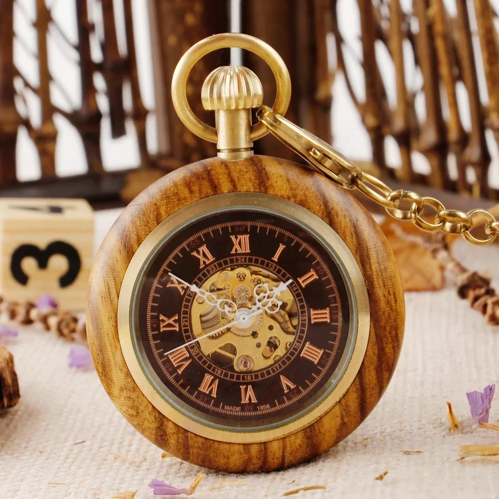 Vintage Wooden Mechanical Pocket Watch  for Men Women Automatic Self-Wind Pocket Pendant Clock Luxury Watch Gift with 30cm Chain