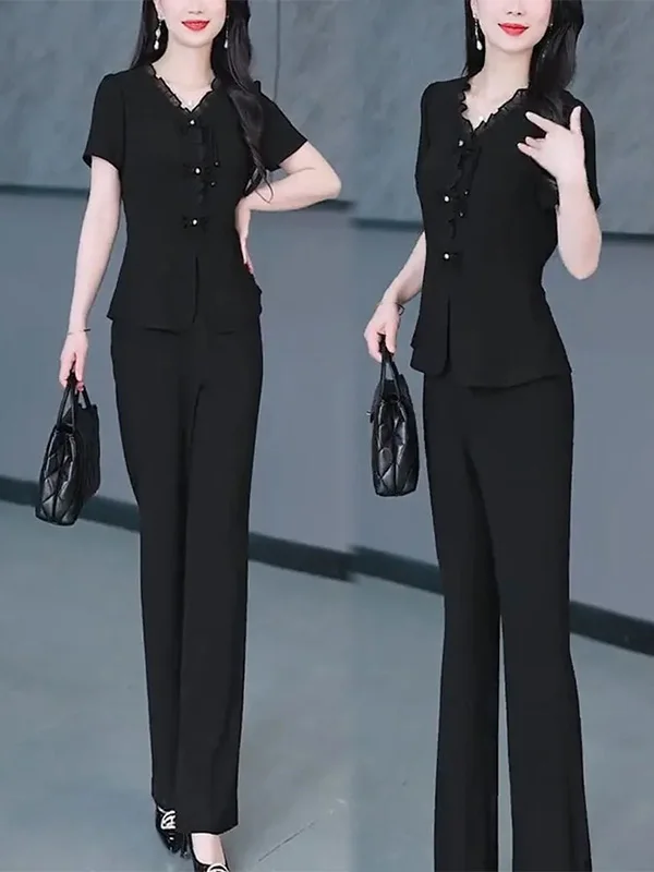 

2025 Summer Women Two Piece Sets Solid Color Short Sleeve V-neck Button Wide Leg Suit Female Fashion Casual Ladies Outfits Wh8