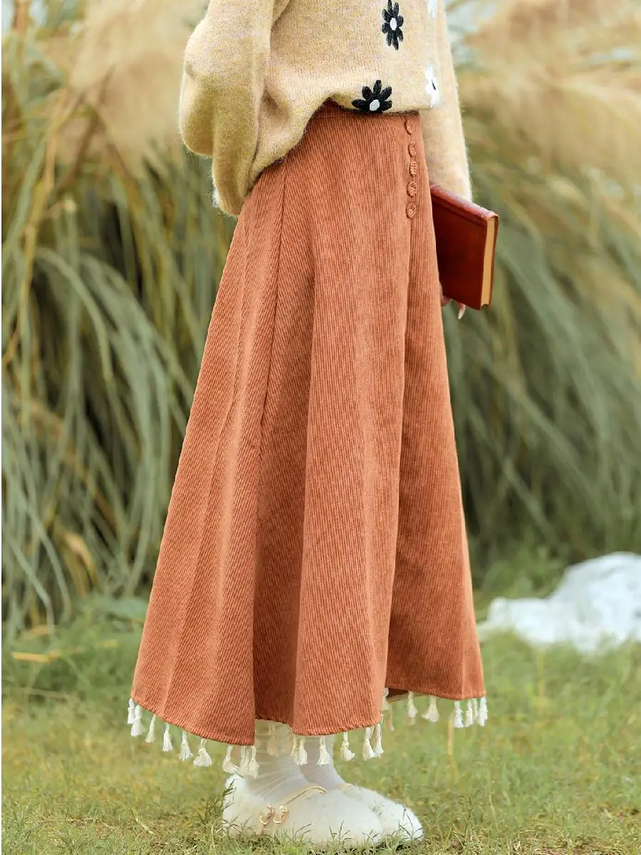 TIYIHAILEY Long Mid-calf Women Elastic Waist Spring Autumn Corduroy Skirt Lady A-Line Brown Tassels 2025 New Fashion