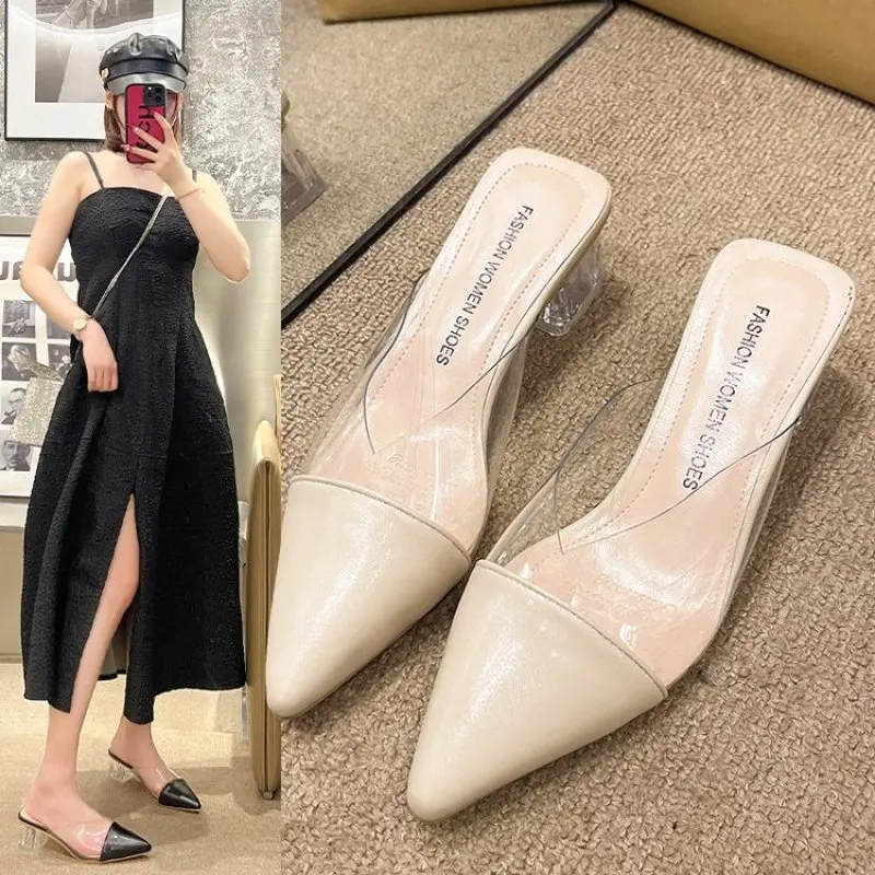 

Pointed Half Slippers Women's 2024 Spring Korean Color Matching Thin Heeled Baotou Transparent High Heels Outer Wear Slippers