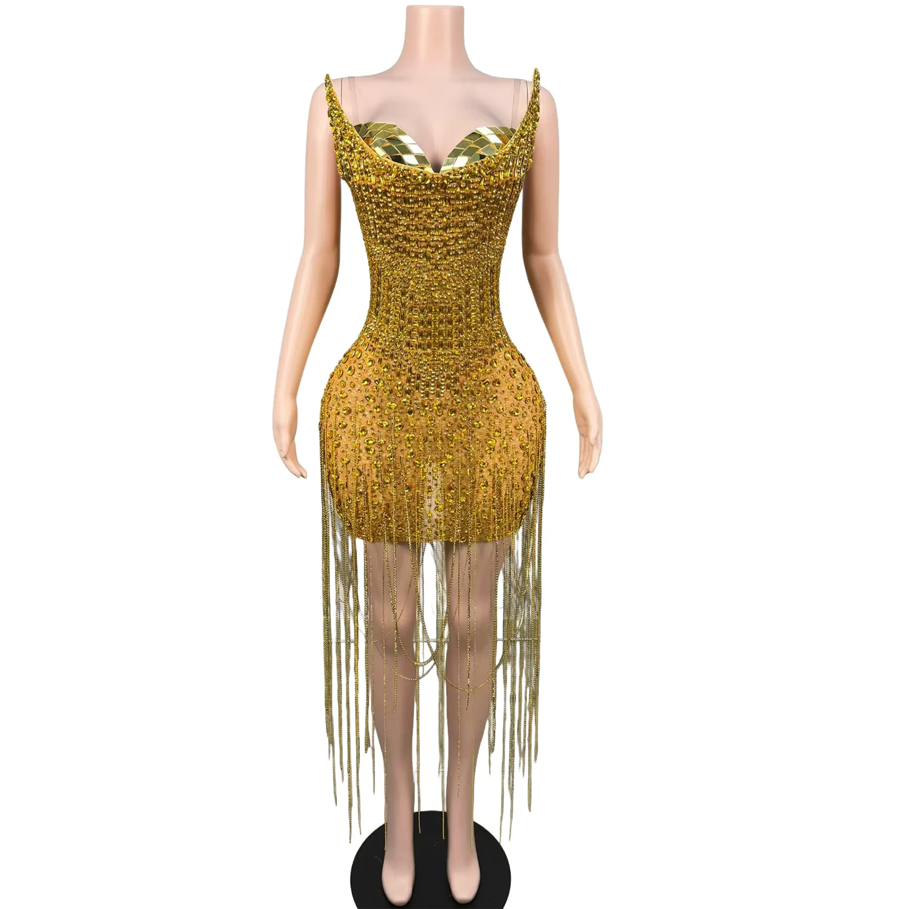 Riluo Gold Rhinestone Fringe Mini Dress Spaghetti Strap Sweetheart Bodycon Mesh Stage Performance Costume