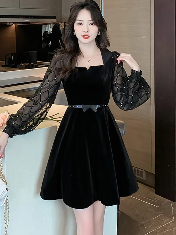 Autumn Winter Black Velvet Patchwrok Mesh Mini Dress Women Chic Bow Bandage Kawaii Dress 2024 Korean Vintage Hepburn Party Dress