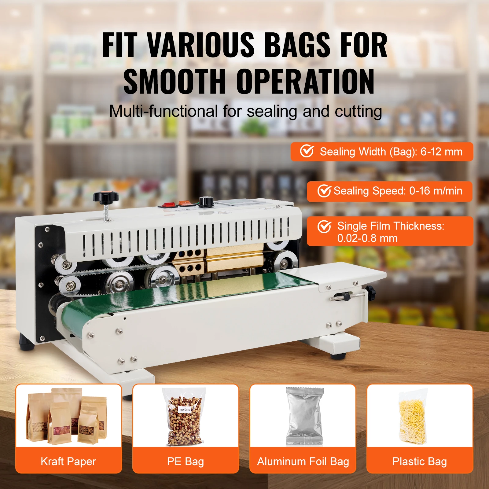 VEVOR Horizontal Bag Band Sealing Machine Continuous Band Sealer Machine Carbon Steel for 0.02-0.8 mm Plastic Bags Films