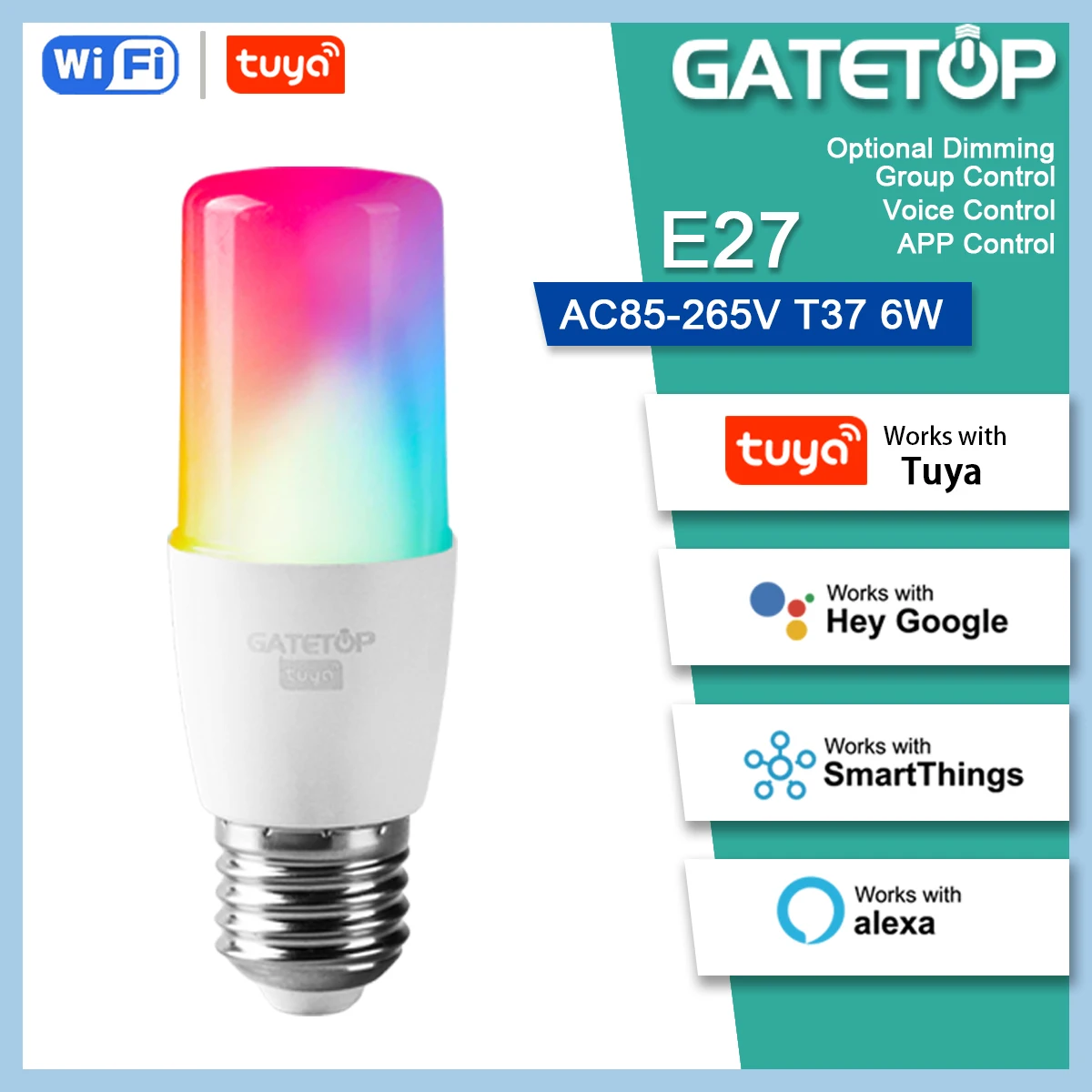 

bombilla inteligente con Wifi/Bluetooth，T37 E27 luz regulable por voz RGB de，6WAC85V-265V Bulb,Control por aplicacion Smart Life