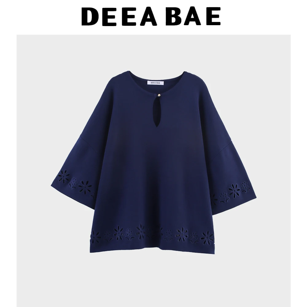 

DEEABAE Women's autumn new casual loose and versatile seven quarter sleeve hollow embroidery round neck knitted top