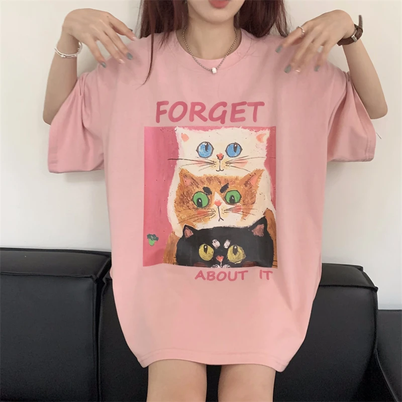 

Cartoon Print Pink Oversized T Shirts Women Summer New Round Neck Loose Short Sleeve Maxi Tops Femme M-4XL