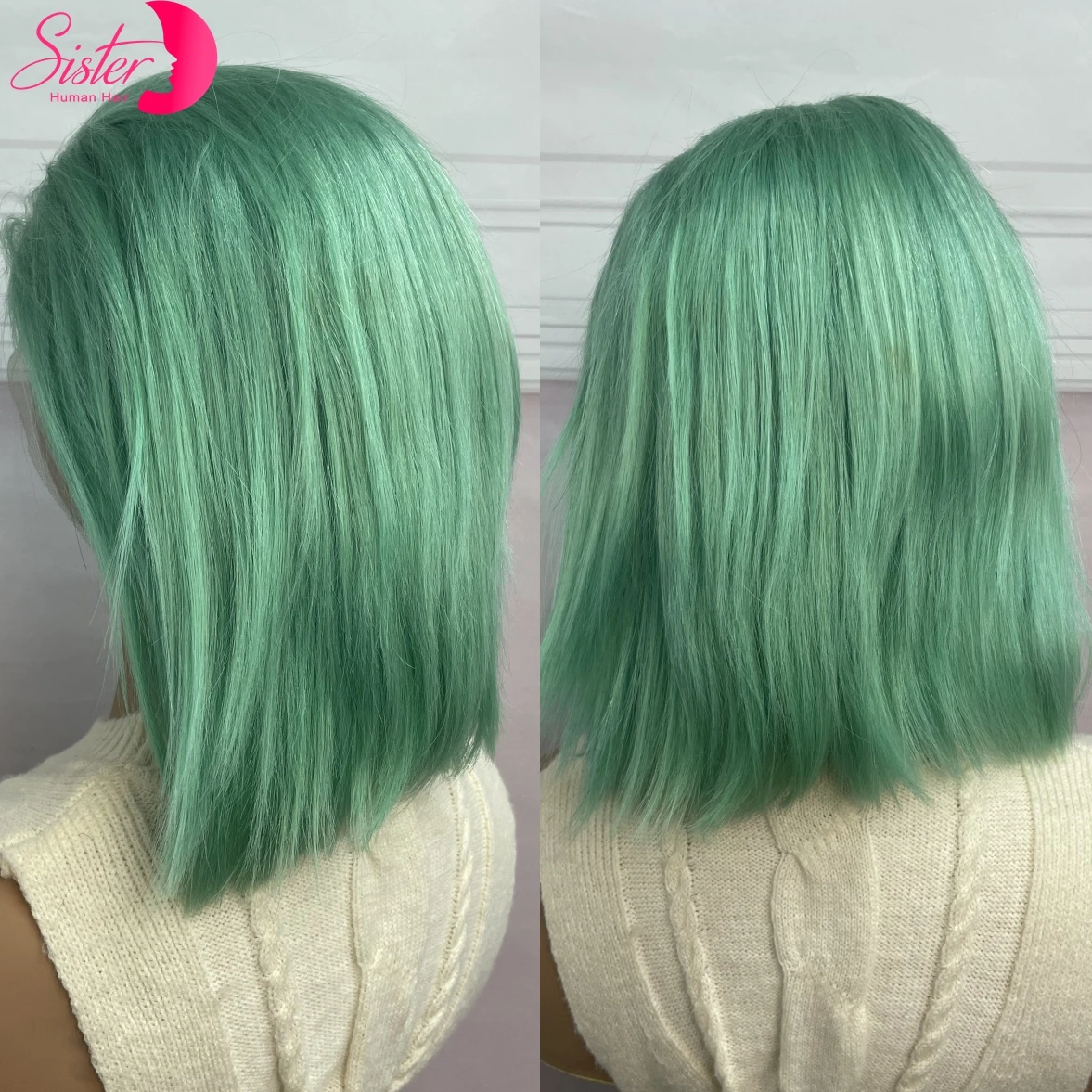 

Short Straight Matcha Green Bob Wigs 200% Density 12A Double Drawn 13x4 Lace Frontal 100% Raw Human Hair Wigs for Black Women