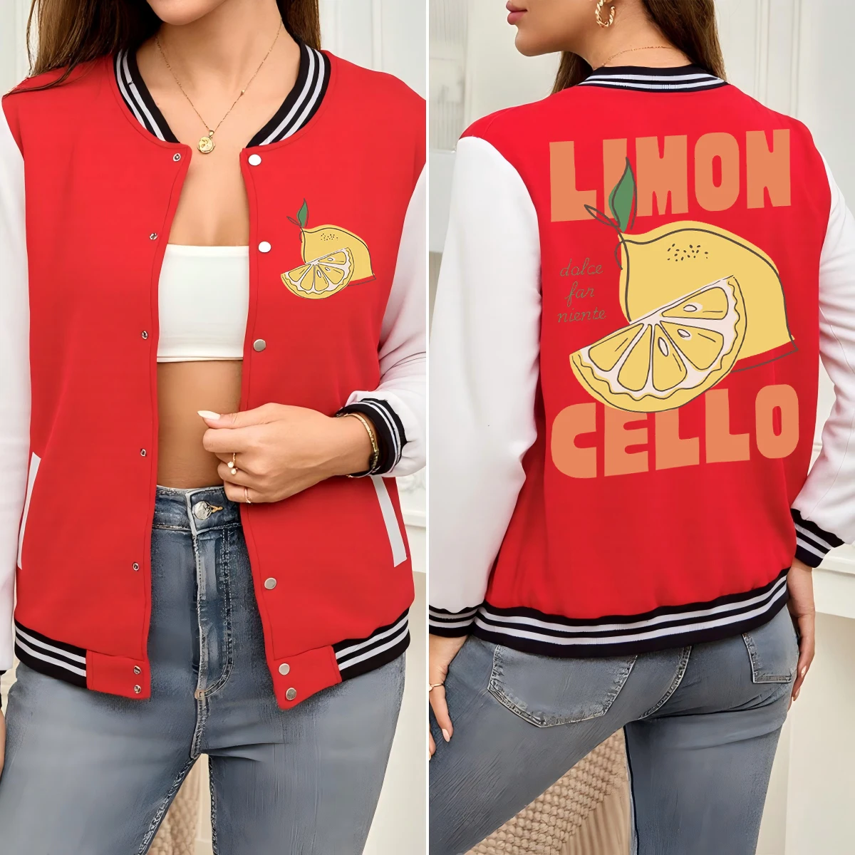 

Lemon Cello Art Fruit Design Women Baseball Uniform Autumn American Streetwear Fashion Comics Jackets All-Match Colorful Clothes