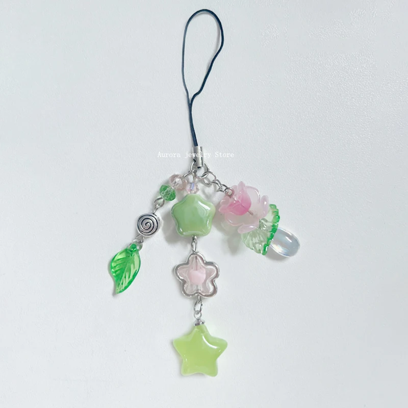 Handmade Star Beaded Mobile Phone Charm Green Fairy Core Keychain Original Design