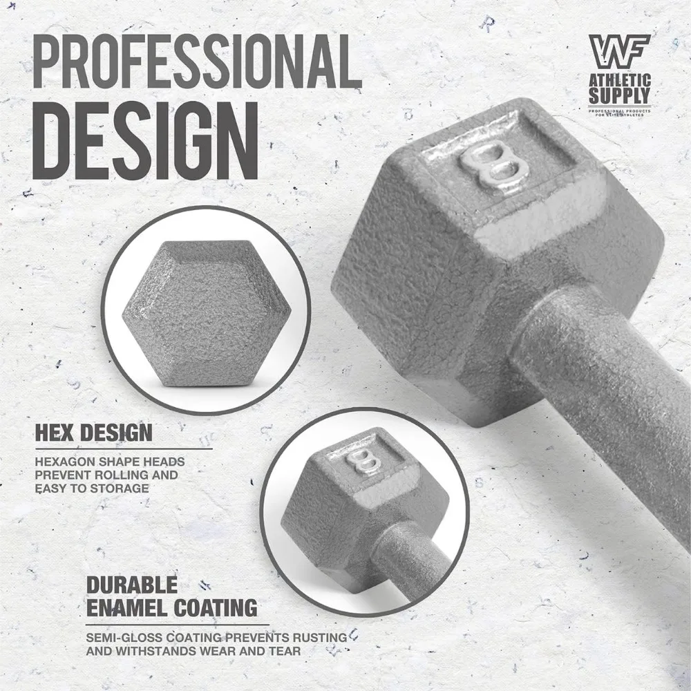 WF Athletic Supply دمبل من الحديد الزهر من 5 إلى 25 رطل مع رف تخزين وتصميم سداسي لرفع الأثقال