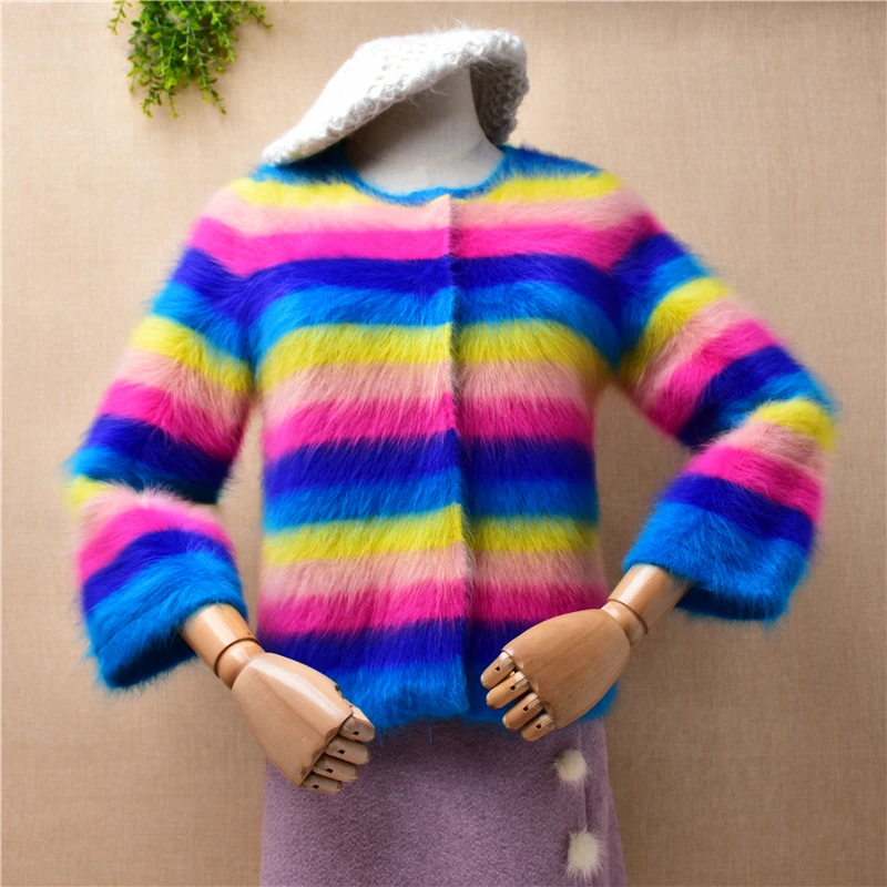 

female women autumn winter clothing striped mink cashmere knitted three quarter sleeves slim cardigan angora fur coat sweater