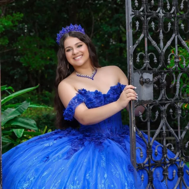 

royal blue Quinceanera Dress glitter Decal 3D flower Long tail Bow Vestidos De 15 Quinceanera ﻿Customize