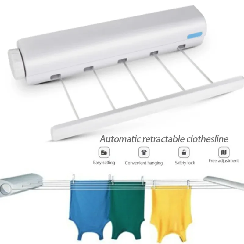 Spring automatic retractable four or five lines clothesline drying rack towel with hooks flexible laundry hanger