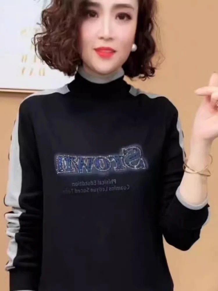 Autumn Winter New Style Mommy Fashion Rhinestone Integrated Velvet Base Shirt Half High Collar Warm Inner Wear Top Women