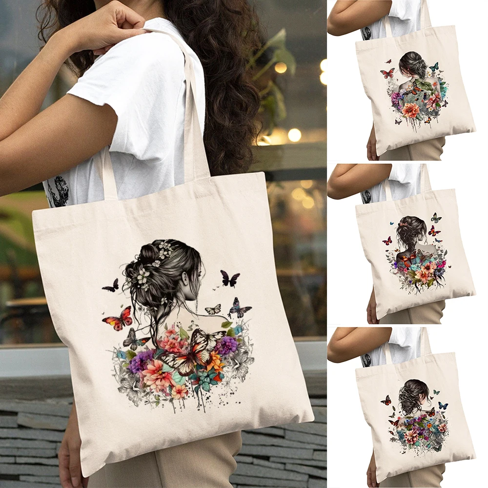 

Vintage Elegant Silhouette Women Daily use Bags Floral Butterflies Girl Shopping Shoulder Handbag Double Print Lady Shopper Bag