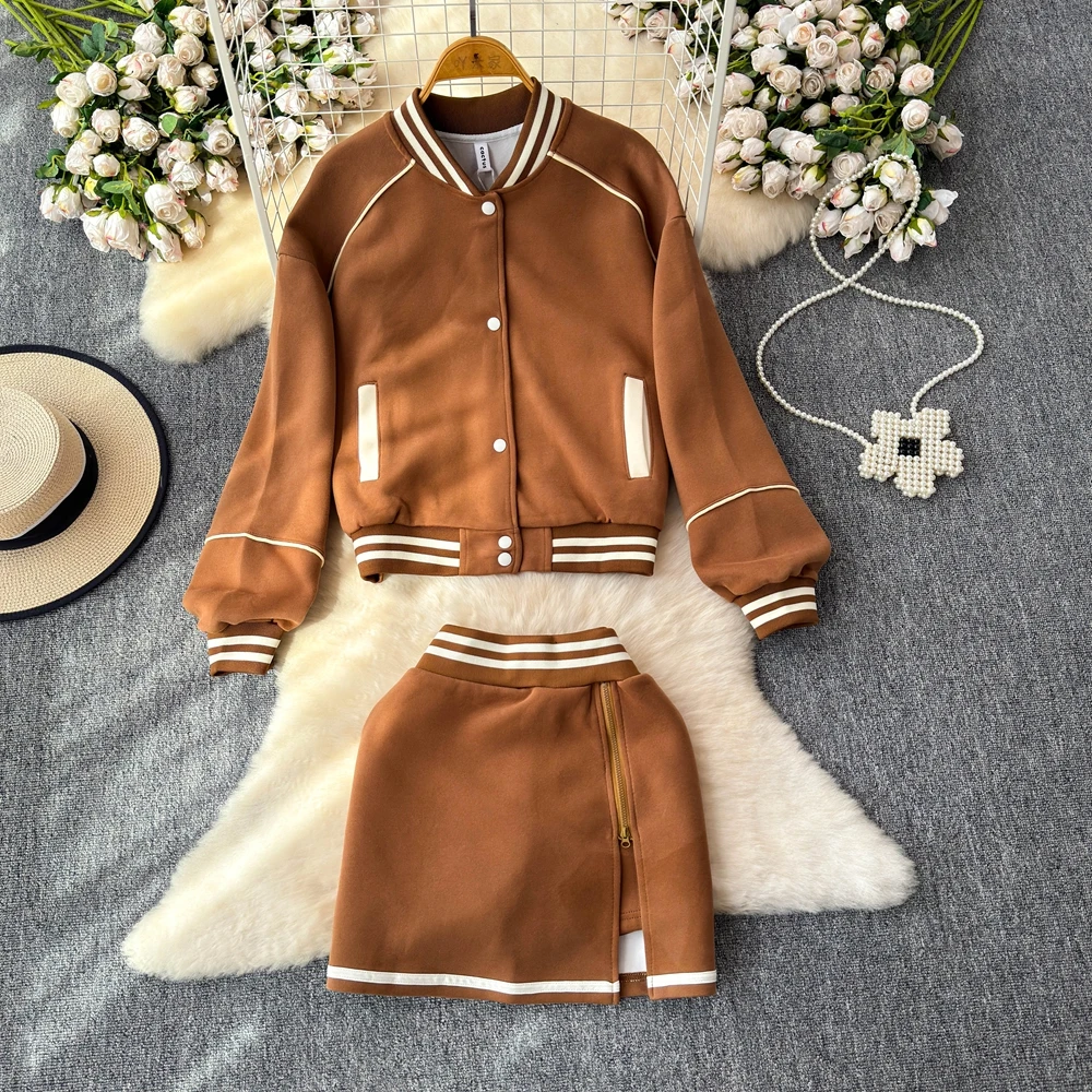 Spring Autumn Fashion Two Piece Skirt Set For Women's Vintage Basic Baseball Jacket Short Half Skirt Two Piece Set