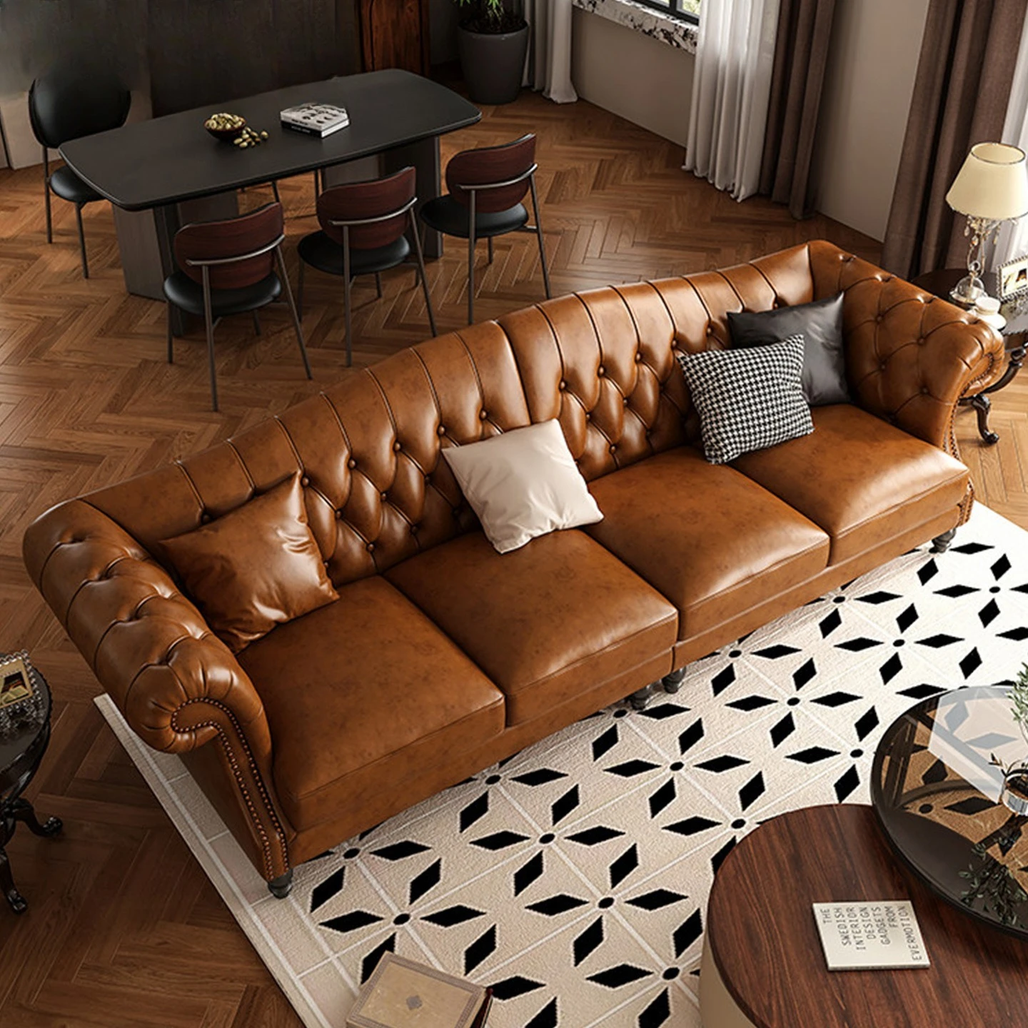 Retro buckle three-person light luxury living room leather sofa solid wood living room hotel furniture