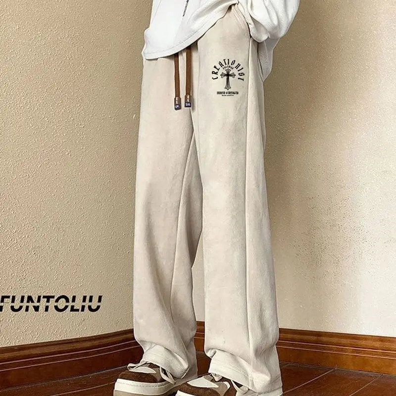 

Men's Suede Print Pants Thin Straight Loose Casual Trousers Spring Autumn Large Size 300 Pou Trendy Brand High Waist Strai...