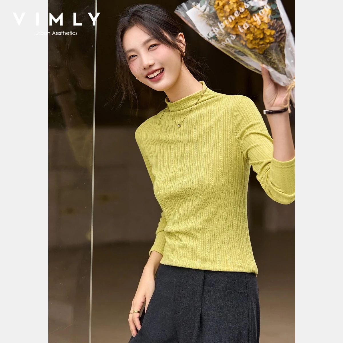 VIMLY Women's Long Sleeve T-shirts 2025 Casual Half Turtleneck Slim Fitting Ladies Tops Winter New Knitted Female Clothing A3550
