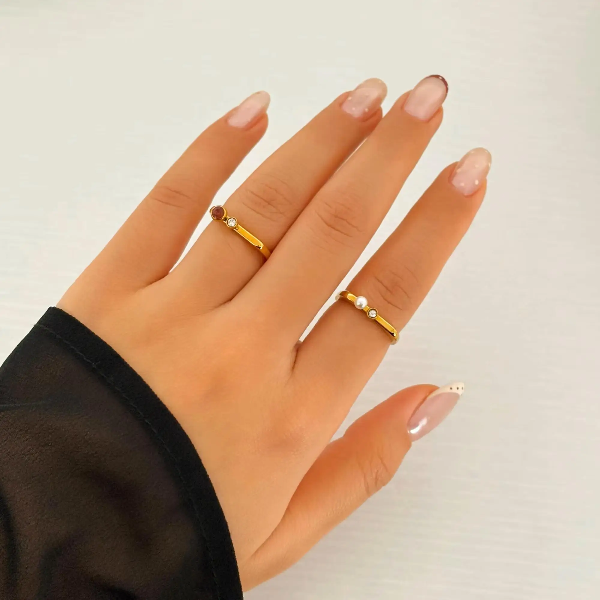 Miia Jewelry 18K Gold Plated Stainless Steel Color CZ Pearl Ring Set 4Pcs Dainty Stackable Thin Band Rings For Women