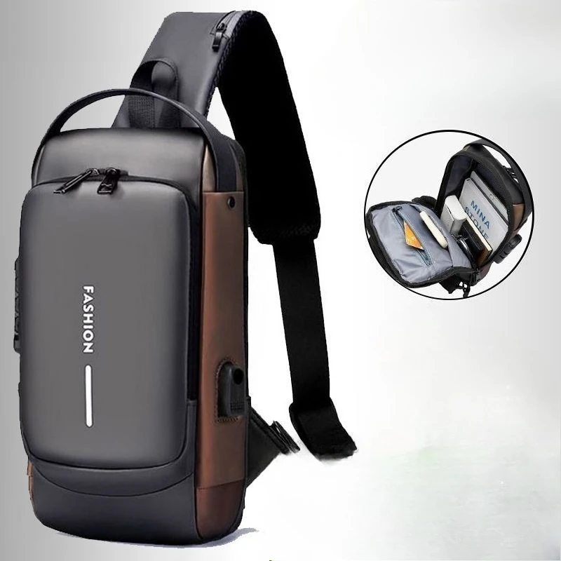 مصمم متعدد الوظائف مضاد للسرقة USB الكتف حقيبة كروسبودي السفر الرافعة حزمة رسول حزمة حقيبة صدر للرجال العلامة التجارية الفاخرة الرجال #1