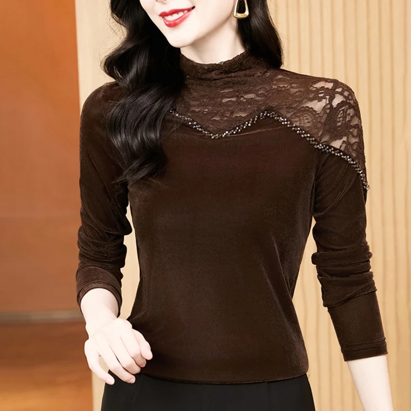 

New 2026 Spring Long Sleeved High Neck Women's T-Shirt Fashion Casual Patchwork Velvet Tops M-3XL Tees