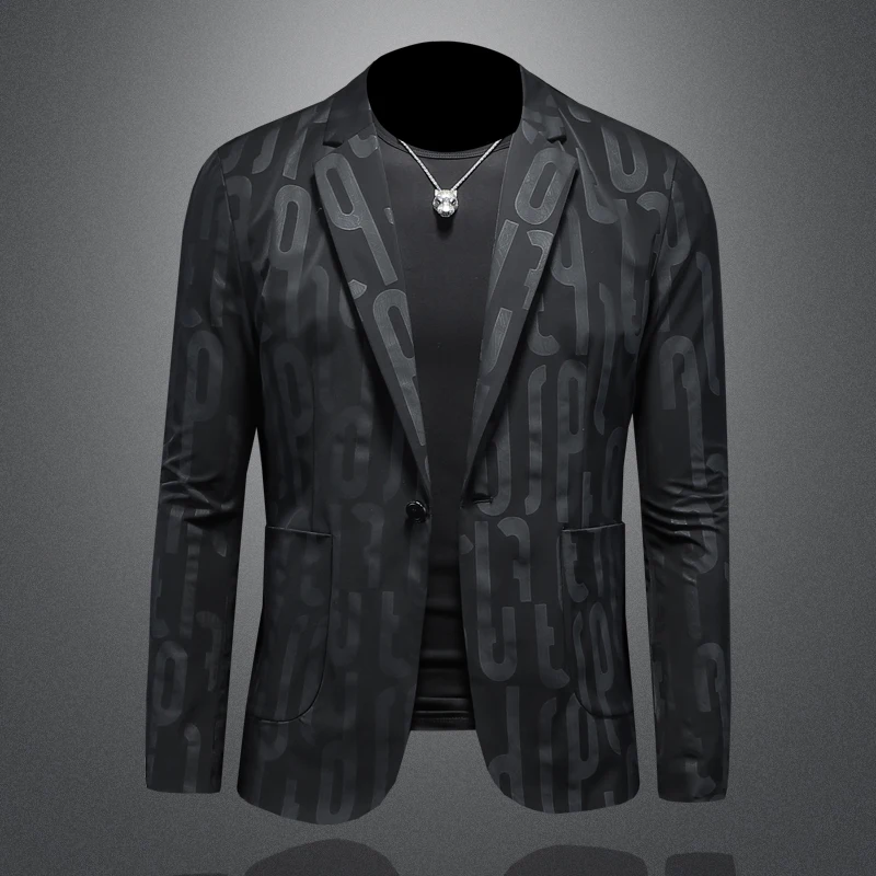 Minglu Spring Autumn Black Men's Blazers Luxury Single Breasted Letter Printed Business Casual Male Suits Jackets Man Coats 5XL