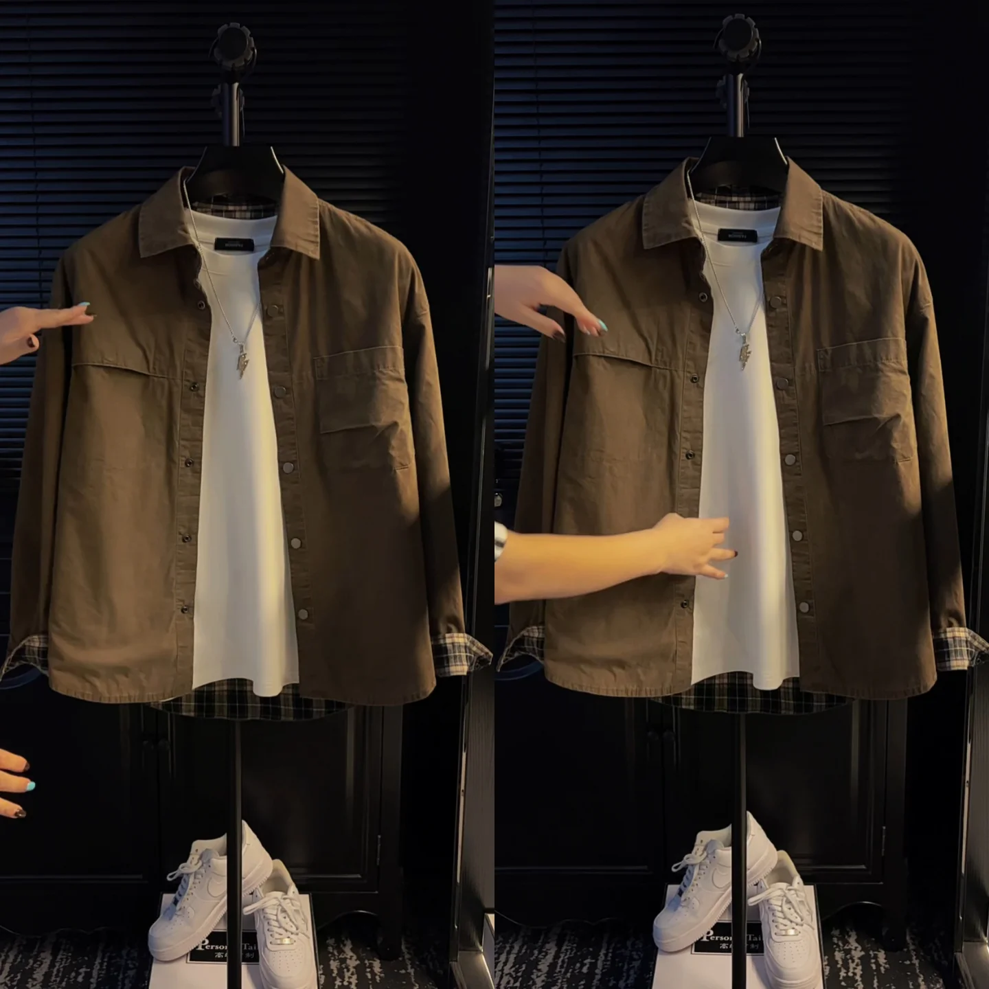 

Men's Plaid Work irt Jaet Loose Long Sve Turn-down Collar American Retro Versatile Texture Casual irt Breathable Pol...