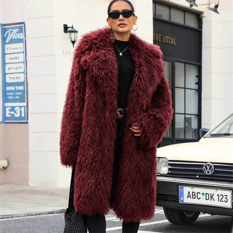 Women's Spring/autumn Jacket with Fur Mongolian Wool Faux Fur Coat For Women Suit Collar Solid Color Long Overcoat Female Coat