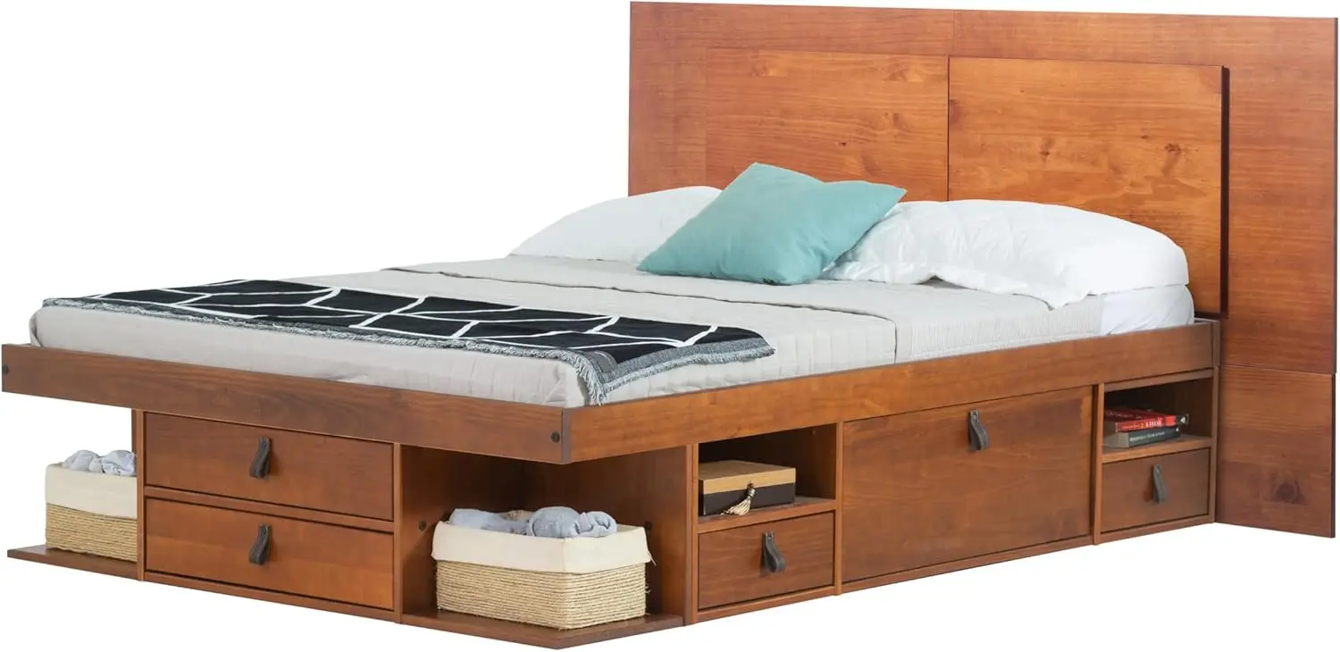 Storage Platform Bed with Drawers + Flat Panel Headboard (Full Size, Caramel Brown Wood)