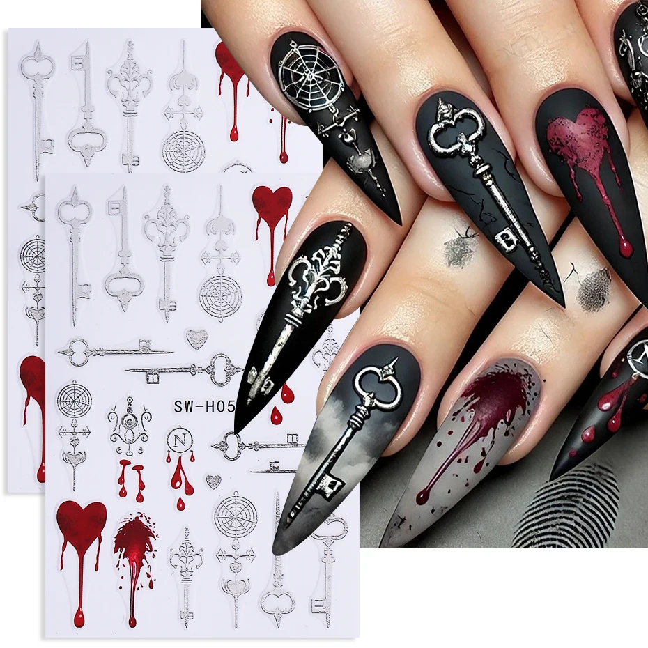 2 Stück Gothic Nail Art Aufkleber Metallic Silber Schlüssel Liebe Blut Tröpfchen Design Selbstklebende Nagelaufkleber DIY Maniküre Dekoration