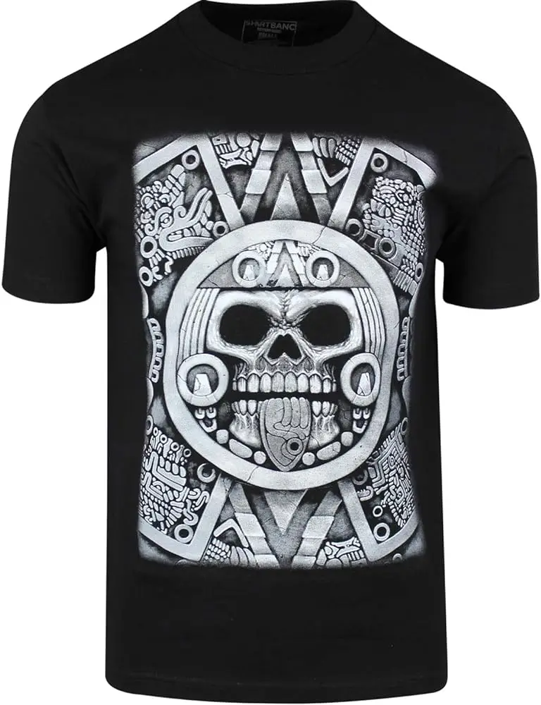 Aztec Calendar Skull Shirt Sun Stone of Axayactl Day of The Dead Tee   High Quality 100%Cotton Short Sleeve