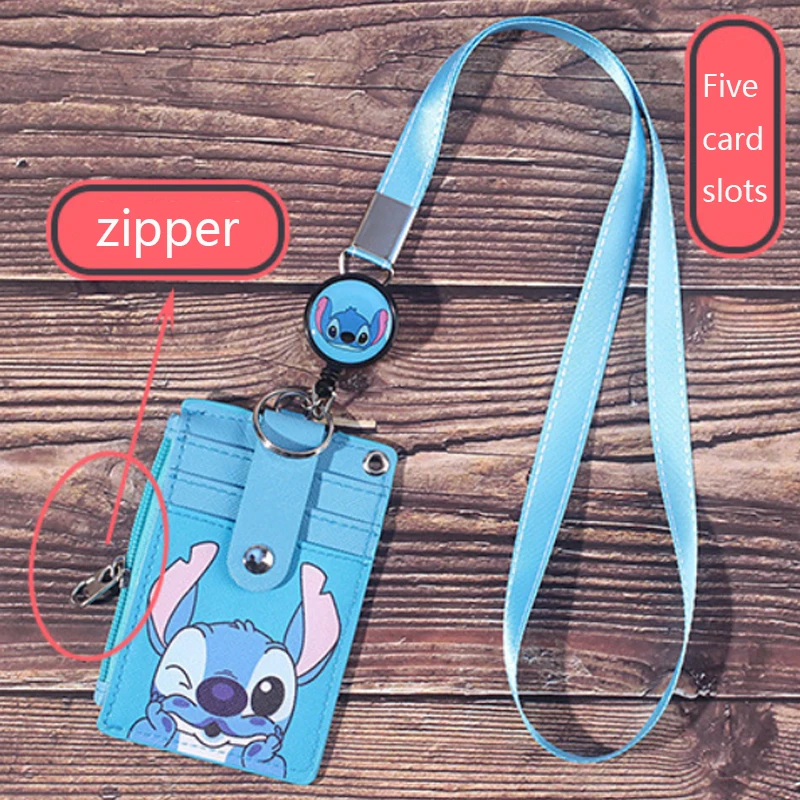 Disney Anime Mickey Hanging Neck Retractable Card Holder Campus Card Cartoon Stitch Id Card Shell Leather Case Bus Card Bag Gift