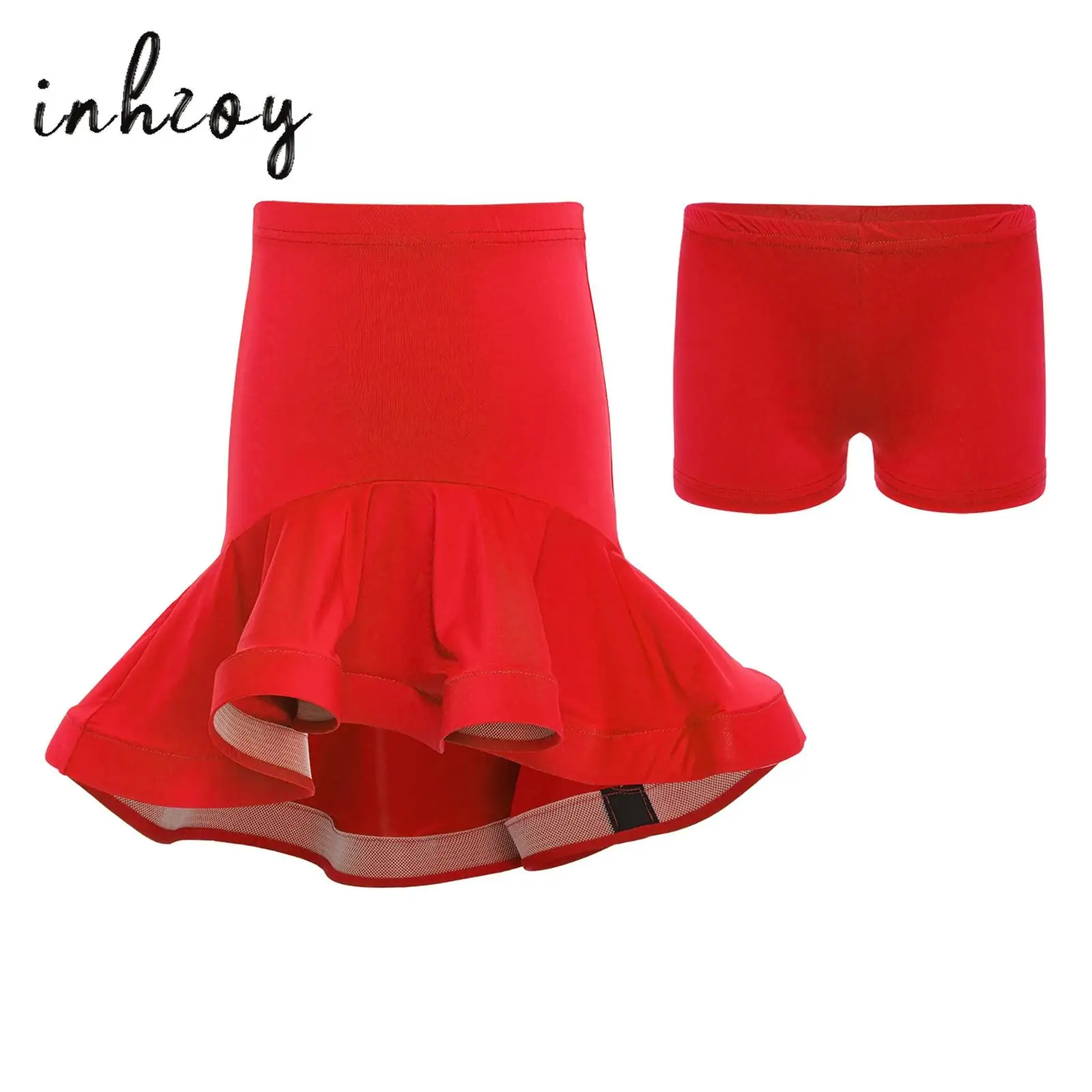 

Kids Girls Latin Jazz Dance Skirt Elastic Waistband High-Low Ruffled Skirts+Shorts for Samba Tango Dance Practice Performance